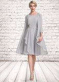 Julia A-Line Scoop Neck Knee-Length Chiffon Mother of the Bride Dress With Beading Cascading Ruffles STG126P0014751