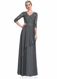 Haylee A-Line V-neck Floor-Length Chiffon Lace Mother of the Bride Dress With Beading Sequins Cascading Ruffles STG126P0014756