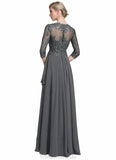 Haylee A-Line V-neck Floor-Length Chiffon Lace Mother of the Bride Dress With Beading Sequins Cascading Ruffles STG126P0014756