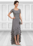 Audrina A-Line Scoop Neck Asymmetrical Chiffon Lace Mother of the Bride Dress With Cascading Ruffles STG126P0014757