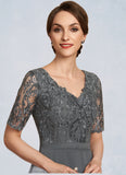 Jewel A-Line V-neck Asymmetrical Chiffon Lace Mother of the Bride Dress STG126P0014772