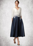Lilyana A-Line V-neck Tea-Length Satin Mother of the Bride Dress With Ruffle Appliques Lace Pockets STG126P0014778