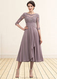 Lisa A-Line Scoop Neck Tea-Length Chiffon Lace Mother of the Bride Dress With Cascading Ruffles STG126P0014780