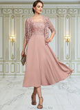 Skylar A-Line Square Neckline Tea-Length Chiffon Lace Mother of the Bride Dress With Beading Sequins STG126P0014789