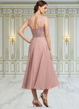 Skylar A-Line Square Neckline Tea-Length Chiffon Lace Mother of the Bride Dress With Beading Sequins STG126P0014789