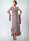 Julia A-Line Scoop Neck Asymmetrical Chiffon Lace Mother of the Bride Dress With Cascading Ruffles STG126P0014850
