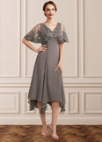 Teresa A-Line V-neck Tea-Length Chiffon Lace Mother of the Bride Dress With Beading Sequins STG126P0014852