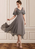 Teresa A-Line V-neck Tea-Length Chiffon Lace Mother of the Bride Dress With Beading Sequins STG126P0014852