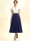 Yoselin A-Line V-neck Tea-Length Stretch Crepe Mother of the Bride Dress With Beading Sequins Pockets STG126P0014854