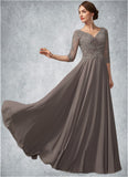 Chanel A-Line V-neck Floor-Length Chiffon Lace Mother of the Bride Dress With Beading Sequins STG126P0014876