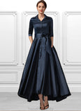 Lucia A-Line V-neck Asymmetrical Satin Mother of the Bride Dress With Bow(s) Pockets STG126P0014879