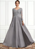 Kaylee A-Line V-neck Floor-Length Chiffon Lace Mother of the Bride Dress STG126P0014881