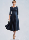Carley A-Line V-neck Tea-Length Satin Mother of the Bride Dress With Ruffle STG126P0014883