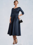 Carley A-Line V-neck Tea-Length Satin Mother of the Bride Dress With Ruffle STG126P0014883