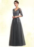 Carleigh A-Line V-neck Floor-Length Tulle Lace Mother of the Bride Dress With Beading Sequins STG126P0014895