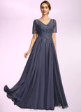 Ruby A-line V-Neck Illusion Floor-Length Chiffon Lace Mother of the Bride Dress With Sequins STG126P0021867