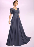 Ruby A-line V-Neck Illusion Floor-Length Chiffon Lace Mother of the Bride Dress With Sequins STG126P0021867