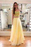 Elegant A-line Lace Appliques Two Piece Yellow Tulle Prom Dresses