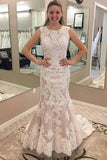 Mermaid Round Neck Sleeves Lace Appliques Sweep Train Wedding Dresses