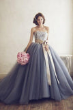 Elegant Sleeveless Lace Appliques Tulle Strapless With Bowknot Ball Gown Prom Dresses