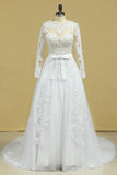 2024 Hot Wedding Dresses Scoop Long Sleeves With Applique & Sash P82PBBSG