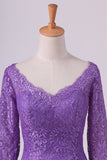 2024 Purple Mother Of The Bride Dresses V Neck 3/4 Length Sleeve Mermaid Lace PAG916GG