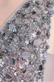 2024 New A-Line V-Neck Grey Tulle Beaded Long Sleeveless Backless Prom Dresses with Split