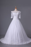 2024 Mid-Length Sleeves Boat Neck Wedding Dresses A Line Tulle With Applique And PXYA5QZT