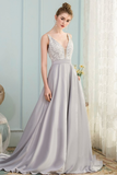 A-Line V-Neck Pleated Grey Satin Prom Dress with Appliques