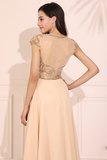 Sheer-Bodice Long Prom Dress Cap Sleeve Evening Dress