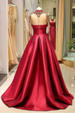2024 Long Sleeve Prom Dresses High Neck Burgundy Long Prom Dress Satin PD41683A