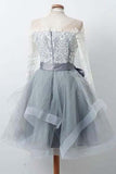 A Line Gray Long Sleeve Scoop Lace Appliques Homecoming Dresses with Belt Prom Dress
