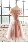 A Line Off the Shoulder Pink Lace Appliques Homecoming Dresses with Tulle Short Dress