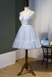 Sky Blue Beaded Lace Up Ball Gown Tulle Homecoming Dresses