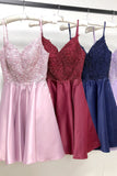 Cute V Neck Sleeveless A Line Lace Short Homecoming Dresses With Pockets