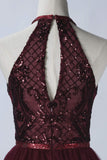 Burgundy Halter Sleeveless A Line Lace Tulle Short Homecoming Dresses