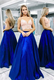 Spaghetti Straps Two Pieces Long Royal Blue Prom Dresses Formal Party Dresses