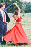 Red Two Piece Prom Dresses Spaghetti Straps Lace Party Dresses