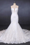 Charming Strapless Sweetheart Mermaid Lace Appliques White Wedding Dresses STG15128