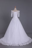 2024 Mid-Length Sleeves Boat Neck Wedding Dresses A Line Tulle With Applique And PXYA5QZT