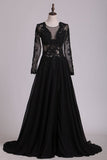 2024 Black Long Sleeves Scoop Prom Dresses With Applique & Slit PF9QCGL3