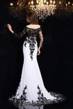 2024 Long Sleeves Prom Dresses Boat Neck Spandex With Applique Sweep P2BNM8NK