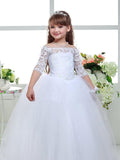 Ball Gown Off-the-Shoulder 1/2 Sleeves Lace Floor-Length Tulle Flower Girl Dresses TPP0007578