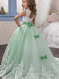 Ball Gown Jewel Sleeveless Lace Sweep/Brush Train Tulle Flower Girl Dresses TPP0007567