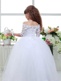 Ball Gown Off-the-Shoulder 1/2 Sleeves Lace Floor-Length Tulle Flower Girl Dresses TPP0007578