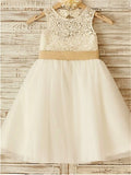 A-line/Princess Sleeveless Bowknot Scoop Knee-Length Tulle Flower Girl Dresses TPP0007541