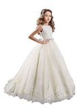 Ball Gown Jewel Sleeveless Lace Sweep/Brush Train Tulle Flower Girl Dresses TPP0007536