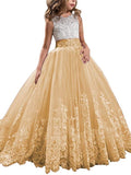 Ball Gown Jewel Sleeveless Lace Sweep/Brush Train Tulle Flower Girl Dresses TPP0007567
