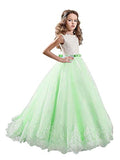 Ball Gown Jewel Sleeveless Lace Sweep/Brush Train Tulle Flower Girl Dresses TPP0007536