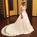 Gorgeous V Neck Ball Gown Long Sleeves Lace Wedding Dresses with Appliques